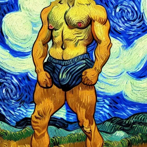 Prompt: a painting of an incredibly buff vincent van gogh with massive muscles fighting a bear, 4 k, high resolution, still, landscape, hd, dslr, hyper realistic, body builder, mr universe