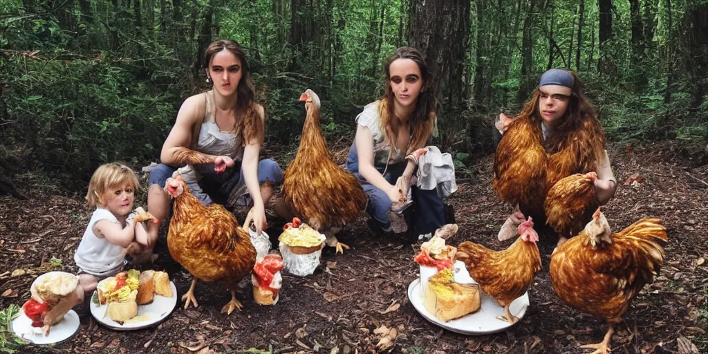 Prompt: photo, three hairy neanderthal people, emma!! watson!! holding a chicken, eating outside, surrounded by dinosaurs!, gigantic forest trees, sitting on rocks, bright moon, birthday cake on the ground, front view