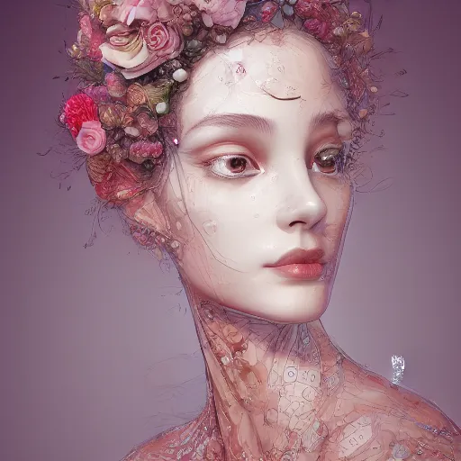 Image similar to the portrait of an absurdly beautiful, graceful, elegant, sophisticated, fashionable young woman made of strawberries and white petals with tears, an ultrafine hyperdetailed illustration by kim jung gi, irakli nadar, intricate linework, bright colors, octopath traveler, final fantasy, unreal engine 5 highly rendered, global illumination, radiant light, detailed and intricate environment