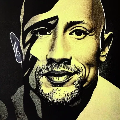 Image similar to a portrait of Dwayne Johnson, made by Andy Warhol, two tone, very high contrast, only black and white, simplistic, extremely high contrast, two tone, notan art, by Andy Warhol, minimalistic,