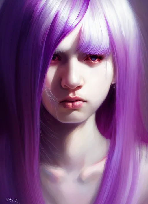 Image similar to hair whitebangs hair, black hair, whitebangs, portrait of teenage girl with white bangs, red irises, purple clothes, white bangs, bangs are different color from hair, intricate, elegant, glowing lights, highly detailed, digital painting, artstation, concept art, smooth, sharp focus, illustration, art by wlop, mars ravelo and greg rutkowski