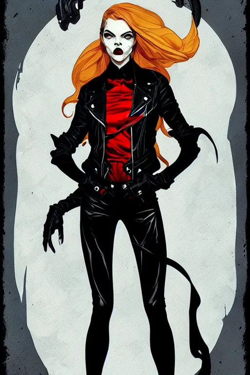 Image similar to rafael albuquerque comic art, art nouveau, peter mohrbacher, artgerm, pretty anya taylor - joy vampire sharp vampire teeth open mouth, black leather jacket, jeans, long blonde hair, full body