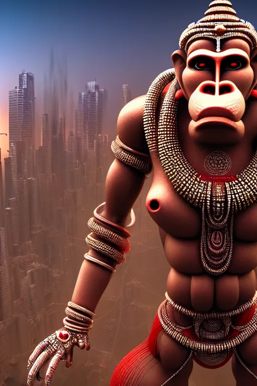 Prompt: high quality 3 d render hyperrealistic cyborg hanuman! madhubani, highly detailed, cyberpunk!! mumbai in the background, unreal engine cinematic smooth, in the style of solaris, hannah yata charlie immer, moody light, low angle, uhd 8 k, sharp focus