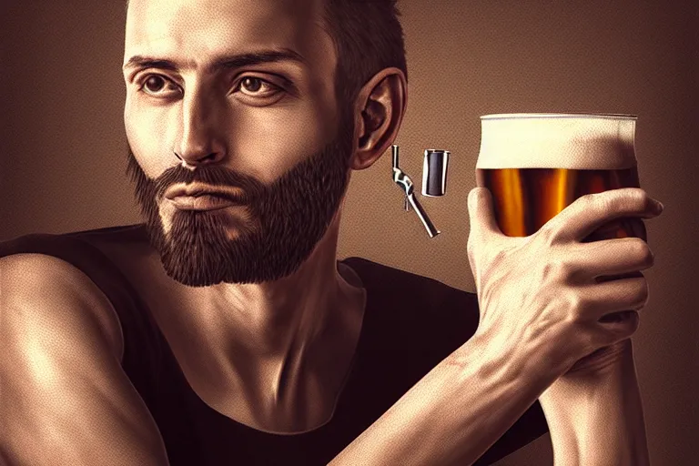 Image similar to portrait of Man drinking beer from steel can, elegant, highly detailed, smooth, photoreal, sharp focus, illustration, beautiful, geometric, dmt trending on artstation, cinematic, artwork by WLOP