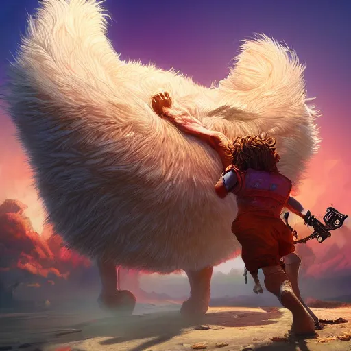 Image similar to colossal fluffy rick, golden hour, fantasy, vivid colors, sharp focus, digital art, hyper - realistic, 4 k, unreal engine, highly detailed, hd, dramatic lighting by brom, trending on artstation