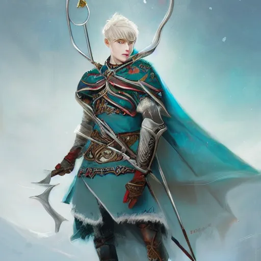 Image similar to half length portrait of a handsome male snow elf in a turquoise cape and silver ornate armour as an archer, archer portrait, magical tundra background, albino skin, by wenjun lin, krenz cushart, trending on artstation, award - winning