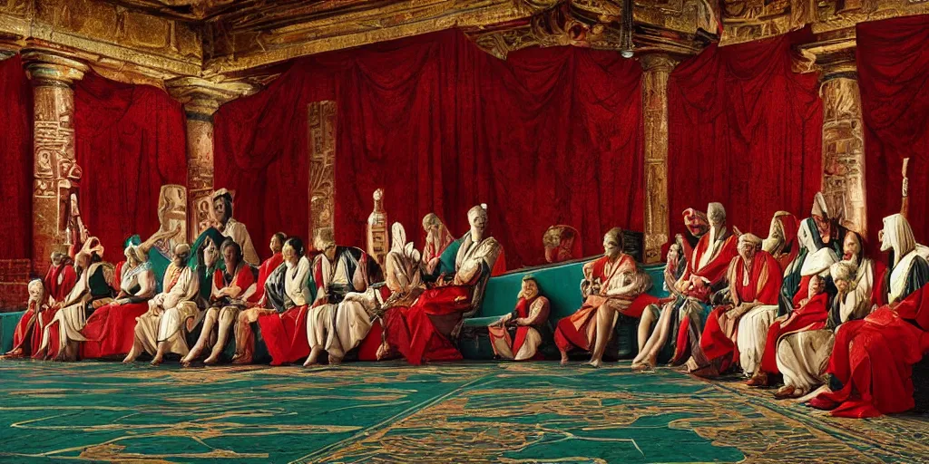 Prompt: ancient senators in red and white robes sit in tribunes, egyptian teal mosaic background, highly detailed, beautiful cinematic light deep focus, elegant, digital painting, smooth, sharp focus, golden ratio, dramatic illumination, art by aleksi briclot, rutkowski and caravaggio