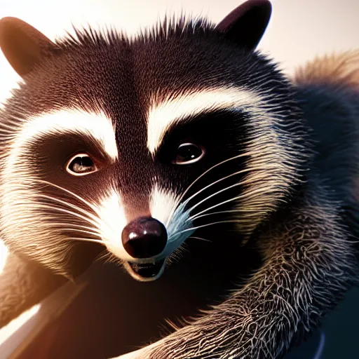 Image similar to a robot racoon, octane render, realistic