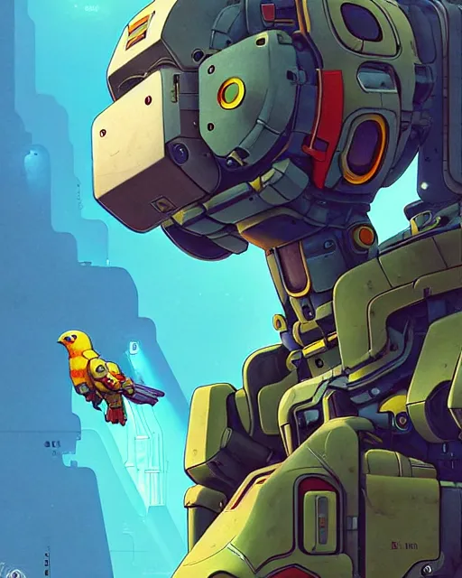 Image similar to bastion the friendly robot from overwatch, with his pet bird, character portrait, portrait, close up, concept art, intricate details, highly detailed, vintage sci - fi poster, retro future, in the style of chris foss, rodger dean, moebius, michael whelan, katsuhiro otomo, and gustave dore