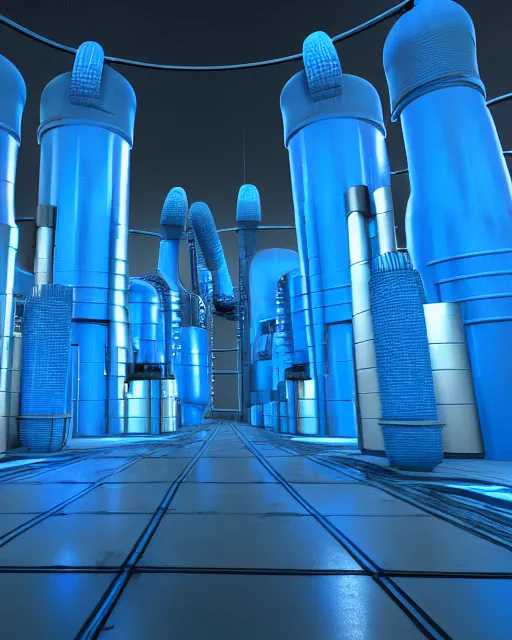 Prompt: futuristic sci fi exterior greeble nuclear reactor structures made out of blue brains leak blue blood on the nuclear reactor unreal engine volumetric lighting
