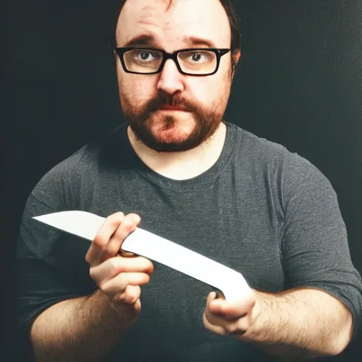 Prompt: Edmund McMillen holding a knife, portrait