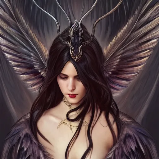 Prompt: a great lucifer, with beautiful wings, beautiful feather, demon horn with fire on head, long dark hair, intricate, elegant, highly detailed, digital painting, artstation, concept art, smooth, sharp focus, illustration, art by artgerm and greg rutkowski and alphonse mucha