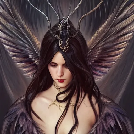 Image similar to a great lucifer, with beautiful wings, beautiful feather, demon horn with fire on head, long dark hair, intricate, elegant, highly detailed, digital painting, artstation, concept art, smooth, sharp focus, illustration, art by artgerm and greg rutkowski and alphonse mucha