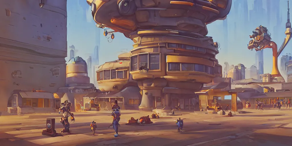 Image similar to overwatch building, stylized, exterior, architecture, in watercolor gouache detailed paintings, insanely detail, artstation, 8 k, futuristic, big medium small, arcane, simon stalenhag, food stall, interesting shapes & form, golden ratio, megastructures, vitaly bulgarov