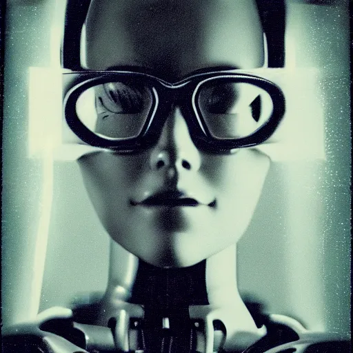 Prompt: cyber - polaroid of a female robot's face with glasses, soft emotion, cybernetic, ethereal curtain, starburst, chrome vortex, vibrant scattered light, reflective glass, grainy, jazzy 1 9 5 0 s, computer - generated, dreamy atmosphere