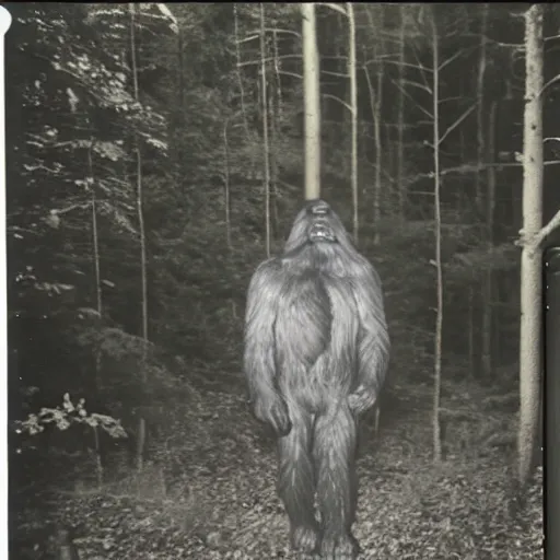 Prompt: 80s polaroid photo of the real bigfoot (not a man in a suit, oh no!) in the woods, candid flash photography