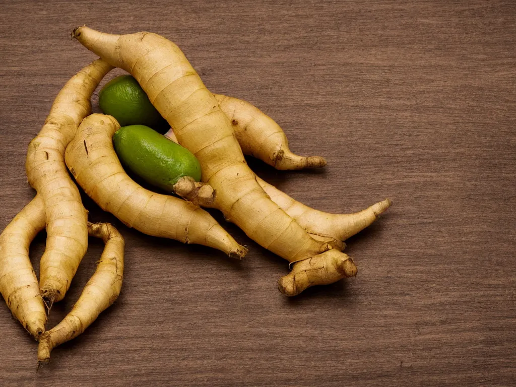 Image similar to still life, hyper detailed image of a ginger root leaning against a perfect lime, on a wooden table, studio lighting, sigma 55mm f/8