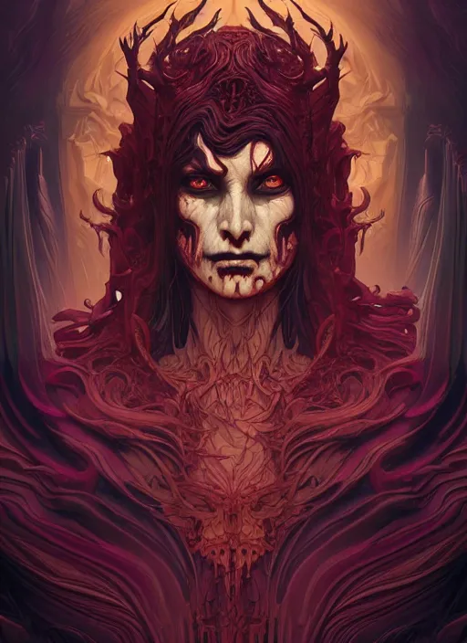 Prompt: demonic immortal vampire lord face portrait, intricate artwork by josan gonzalez, artgerm, edmund leighton, kilian eng, alphonse mucha, very coherent artwork, cinematic, psychedelic, vibrant, octane render, unreal engine, 8 k, high contrast, black ink outline