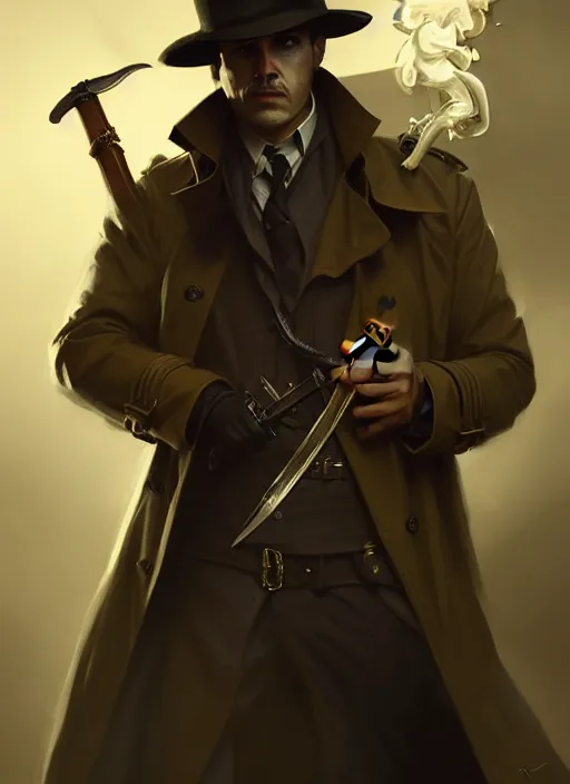 Image similar to portrait of a detective wearing trench coat and smoking puro, holding a sword, victorian, concept art, detailed face, fantasy, close up face, highly detailed, cinematic lighting, digital art painting by greg rutkowski