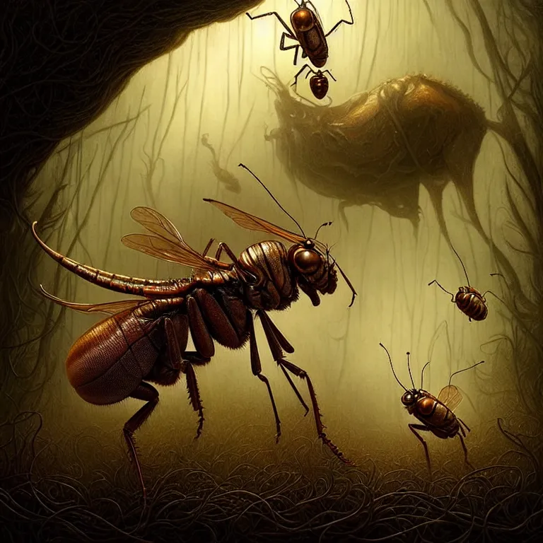 Image similar to epic professional digital art of startling hungry insects, faint golden moody atmospheric lighting, painted, intricate, detailed, detailed, foreboding, by leesha hannigan, wayne haag, reyna rochin, ignacio fernandez rios, mark ryden, iris van herpen,, epic, stunning, gorgeous, much wow, cinematic, masterpiece.