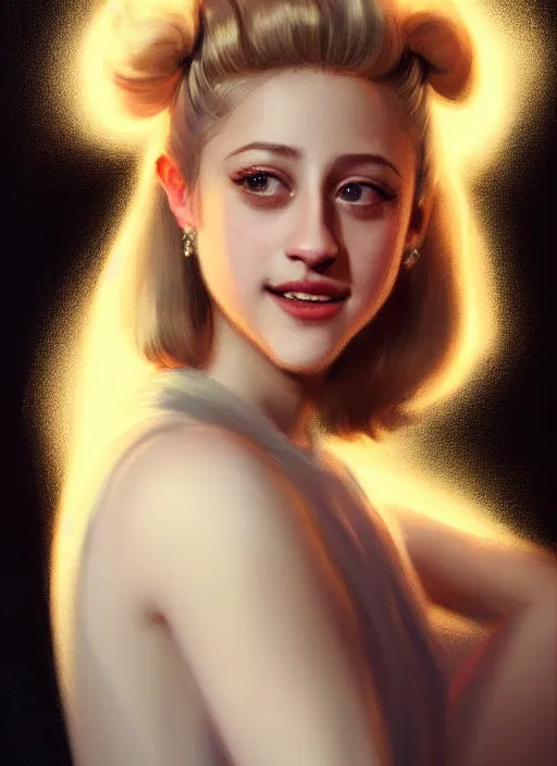 Image similar to portrait of lili reinhart with fluffy bangs, smiling kindly, bangs, 1 9 6 0 s, ponytail, curly bangs and ponytail, intricate, elegant, glowing lights, highly detailed, digital painting, artstation, concept art, smooth, sharp focus, illustration, art by wlop, mars ravelo and greg rutkowski