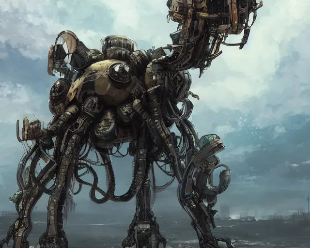 Prompt: beautiful picture of a giant octopus mecha, standing in a post-apocalyptic wasteland, anime style, art by Hajime Katoki, trending on artstation