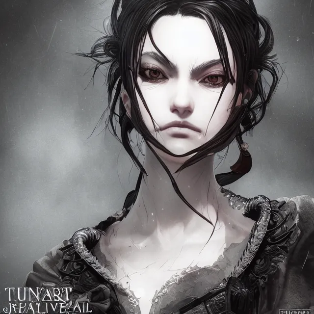 Prompt: the portrait of the neutral evil fallen female dark knight vagabond as absurdly beautiful, gorgeous, elegant, sophisticated, young idol, an ultrafine hyperdetailed illustration by kim jung gi, irakli nadar, intricate linework, octopath traveler, final fantasy, unreal engine 5 highly rendered, global illumination, radiant light, detailed and intricate environment