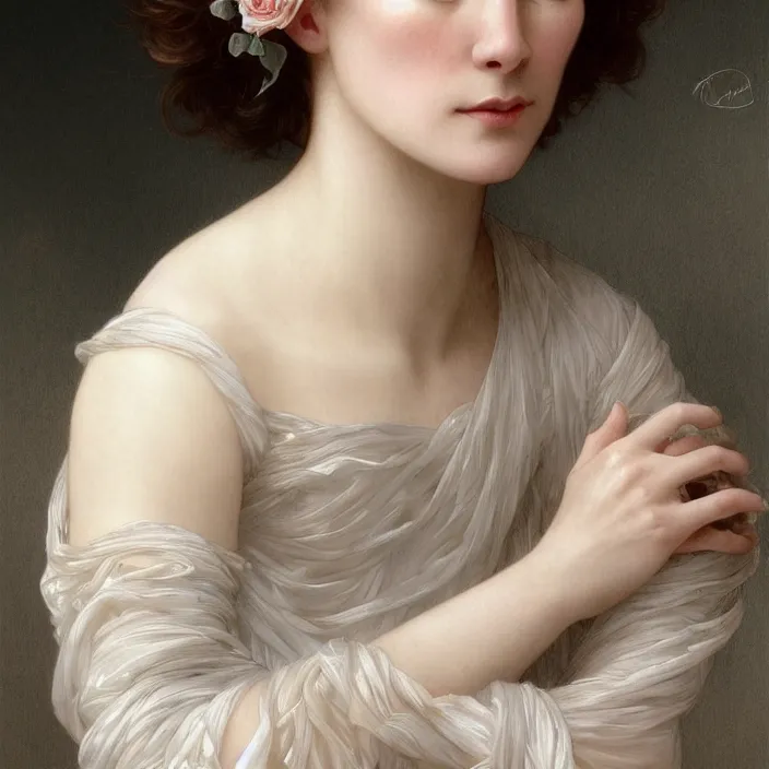 Prompt: realistic photography portrait of crudelia de mon with thin white silk roses, intricate, elegant, highly detailed, wonderful eyes, sweet, digital painting, artstation, concept art, smooth, sharp focus, illustration, art by artgerm and greg rutkowski and alphonse mucha and william - adolphe bouguereau