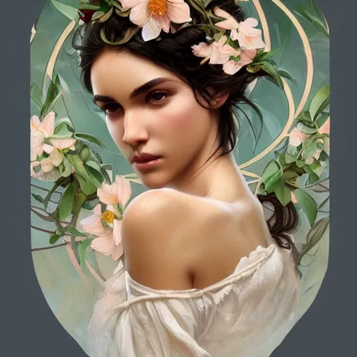 Image similar to Instagram Model with flowers in her hair, olive skin, long dark hair, beautiful bone structure, intricate, elegant, highly detailed, digital painting, artstation, concept art, smooth, sharp focus, illustration, art by artgerm and greg rutkowski and alphonse mucha