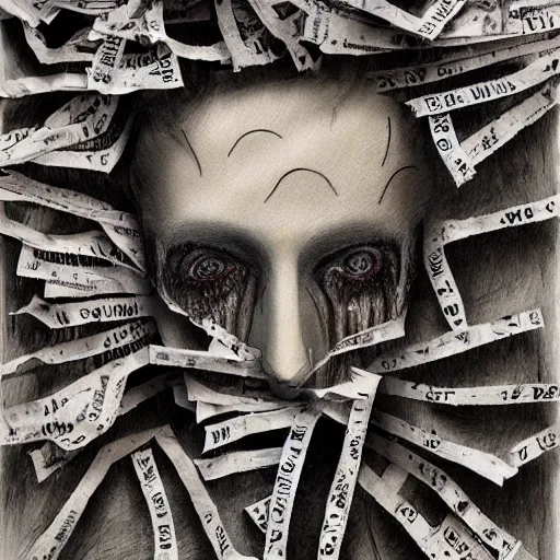 prompthunt: multiple faces shredded like paper news scared, dark horror,  surreal, drawing, painting