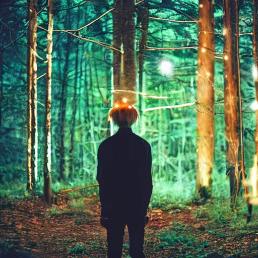 Image similar to kodak portra 4 0 0 photograph of a skinny blonde guy standing in dark forest with fireflies in the air, back view, flower crown, moody lighting, telephoto, 9 0 s vibe, blurry background, vaporwave colors, faded!,