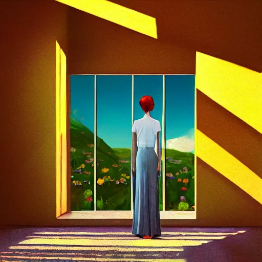 Image similar to giant daisy flower head, woman standing next to modern window in luxury loft, surreal photography, sunlight, impressionist painting, digital painting, artstation, simon stalenhag