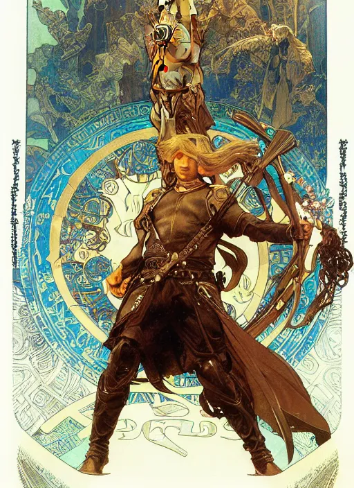 Image similar to keanu reeves in the slumps holding crossbow brown skin golden hair brown leather armor high fantasy dnd smooth sharp focus illustration by rossdraws, alphonse mucha frank fanzzeta