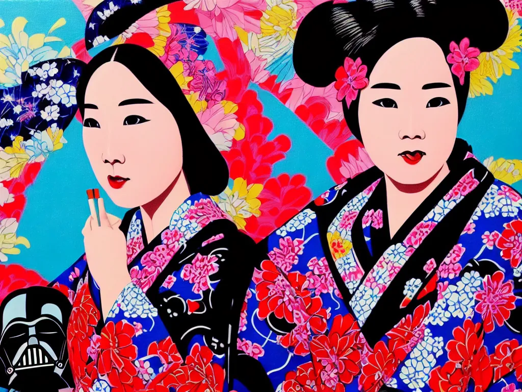 Image similar to hyperrealistic composition of the detailed woman in a japanese kimono sitting at a poker table with darth vader, fireworks, beautiful mountain in the background, pop - art style, jacky tsai style, andy warhol style, acrylic on canvas