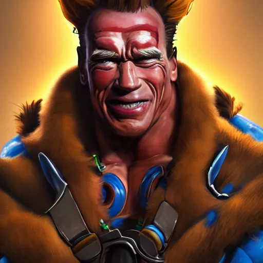 Image similar to a screenshot of arnold schwarzenegger as junkrat in overwatch, portrait, fantasy, beautiful face, vivid colors, elegant, concept art, sharp focus, digital art, hyper - realistic, 4 k, unreal engine, highly detailed, hd, dramatic lighting by brom, trending on artstation