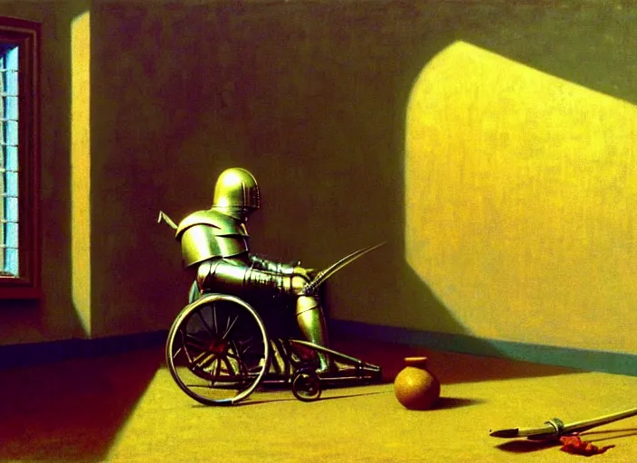 Image similar to knight in armor in a wheelchair do tricks & watch old tv, rome, highly detailed, soft lighting, elegant, by edward hopper and james gillard, zdislaw beksinski, stephen outram, andreas m wiese, carl spitzweg, highly detailed, masterpiece, unreal 6, 8 k