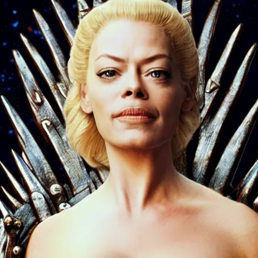 Prompt: seven of nine from star trek sitting on the iron throne in kings landing from game of thrones