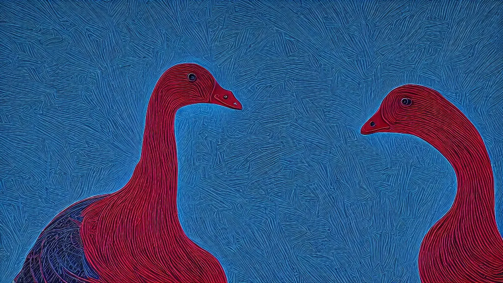 Image similar to portrait of an ethereal graylag goose made of blue and red light, divine, cyberspace, mysterious, dark high-contrast concept art