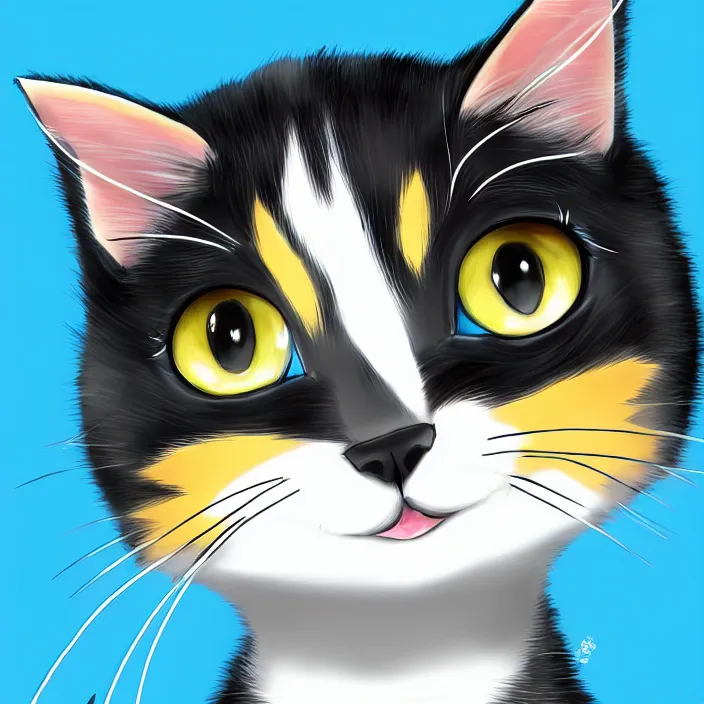 Image similar to cute cat of cheshire an adorable cat with black and blue stripes, big eyes and a big playful smile. award - winning digital art, trending on artstation