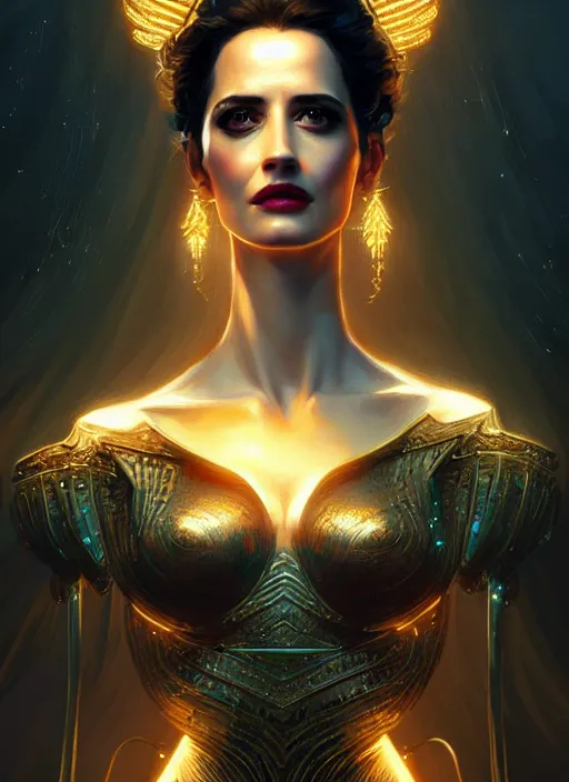 Prompt: eva green as amazon queen, intricate, elegant, glowing lights, highly detailed, digital painting, artstation, glamor pose, concept art, smooth, sharp focus, illustration, art by artgerm and greg rutkowski, artey freytag