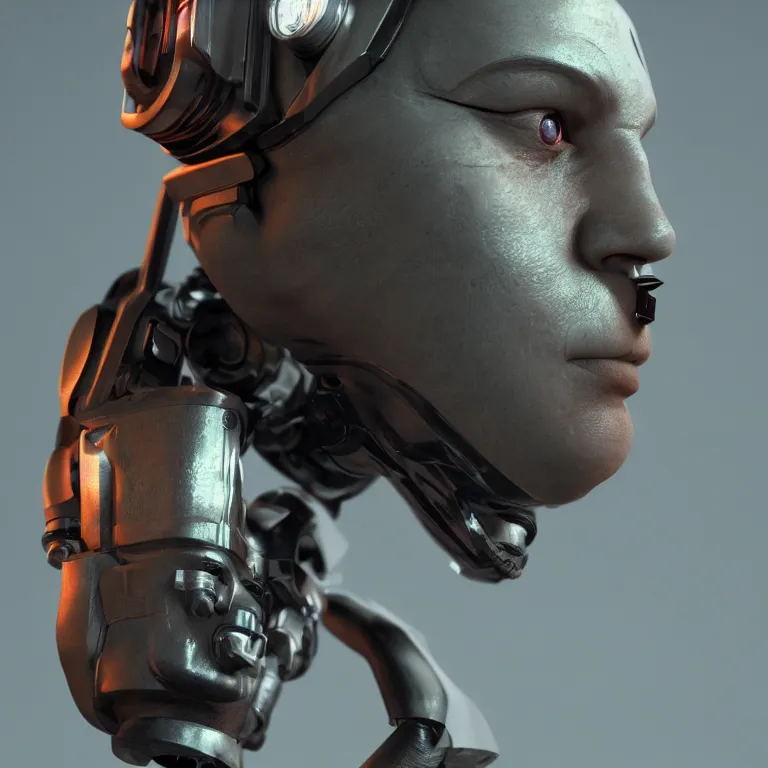 Image similar to a mugshot of a cyborg criminal, octane render, volumetric lighting, nvidia raytracing demo, by Andy Thomas, Mario Martinez, Daniel Mirante, Gustave Dore, Artstation, CGsociety, masterpiece