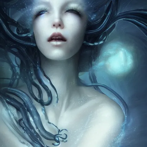 Prompt: a beautiful pale humanoid alien, wrapped in black tentacles, floating in water, bubbles rising, photo realistic, fantasy art, volumetric lighting, by charlie bowater, by karol bak
