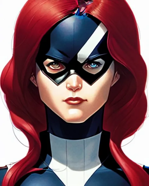 Prompt: phil noto comicbook cover art, artgerm, female domino marvel x - force, black circle spot right eye, symmetrical eyes, long red hair, full body, city rooftop