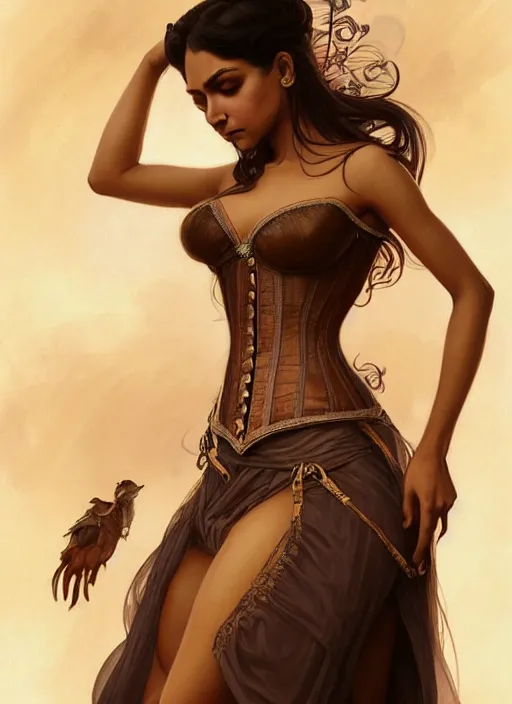 Image similar to cute brown woman wearing a transparent corset dress, fantasy, intricate, highly detailed, digital painting, artstation, concept art, wallpaper, smooth, sharp focus, illustration, art by artgerm and greg rutkowski and alphonse mucha