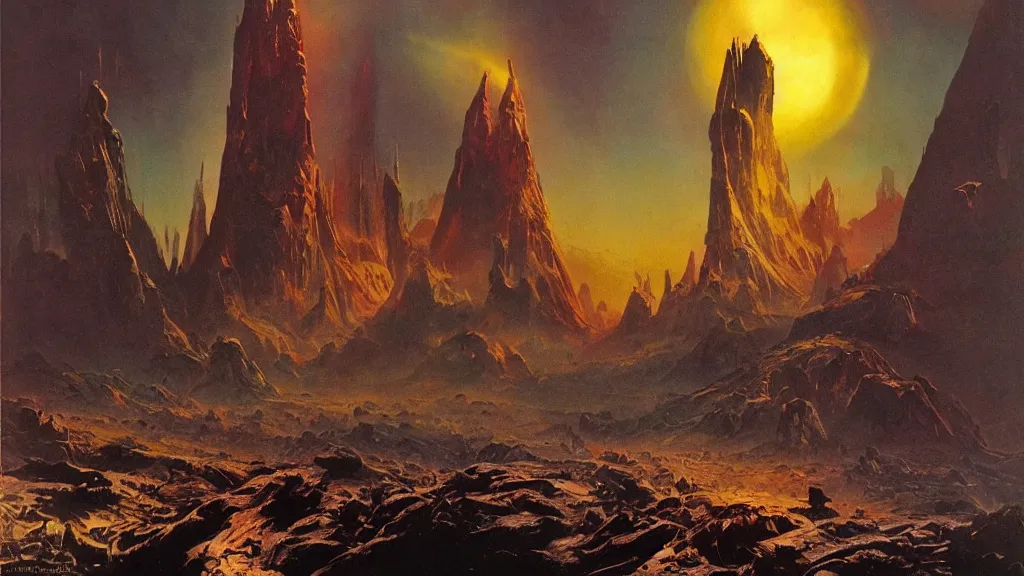 Image similar to surreal eerie alien planet empire by frank frazetta and bruce pennington, cinematic matte painting