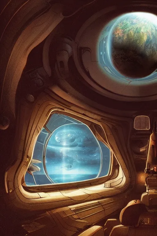 Prompt: Inside a room alien spaceship with large window that provide a scenic view of a huge planet can be seen in the background, Highly detailed labeled, poster, aesthetic, haeccety