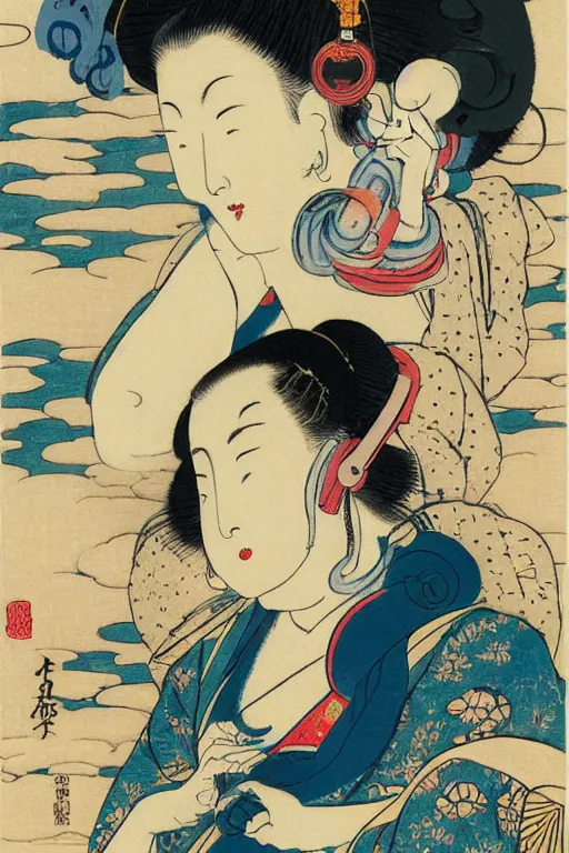 Prompt: a godess with headphones in a silent disco rave, by katsushika hokusai, by ralph steadman, storybook illustration, cool color palette, in a symbolic and meaningful style, space sci - fi of ancient religion, single figure