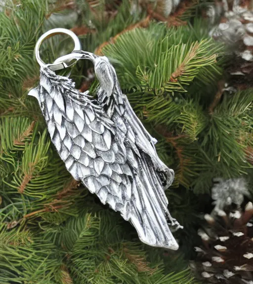 Image similar to realistic keychain of an eagle in the nest of a snowy pine tree