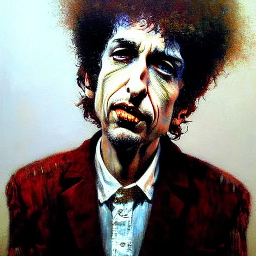 Image similar to exaggerated funny caricature portrait of bob dylan, detailed face, detailed painting, epic lighting, by ilya repin, phil hale and kent williams