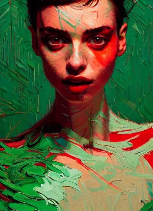 Image similar to close up portrait of yael shelbia, sensual, ecstatic, shades green and red, beautiful face, rule of thirds, intricate outfit, spotlight, by greg rutkowski, by jeremy mann, by francoise nielly, by van gogh, digital painting